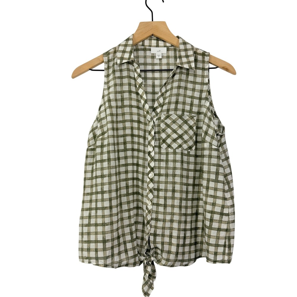 J.Crew Green Plaid Tie-Front Sleeveless Cotton Silk Blouse Top RN97641